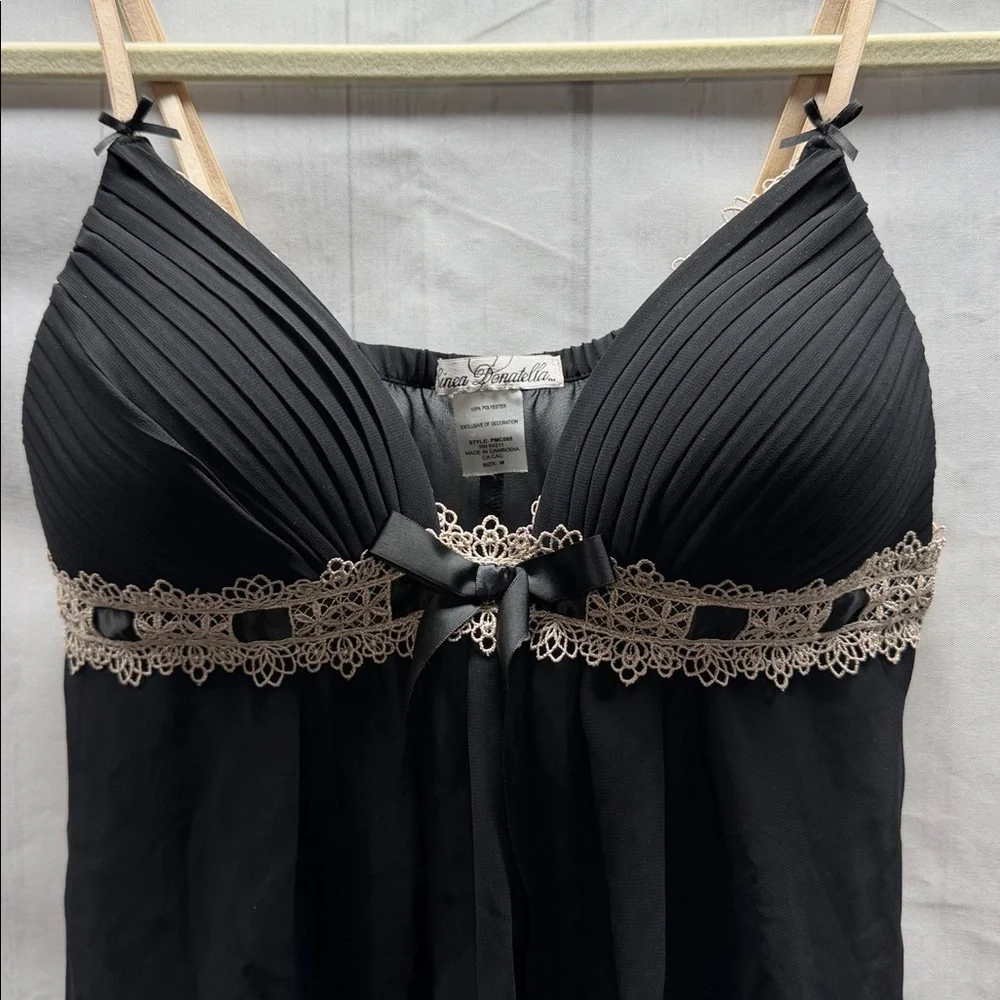 Linea Donatella Black Chiffon Babydoll Chemise Lace Trim Negligee Lingerie